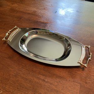 Vintage MCM KROMEX USA Holiday Chrome Giftware Long Service Tray Goldtone Handle
